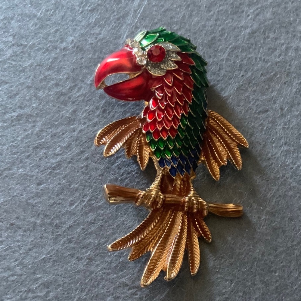 Vintage Unsigned 2.5" Enamel Parrot Brooch Red Rhinestone Eye Bird Pin